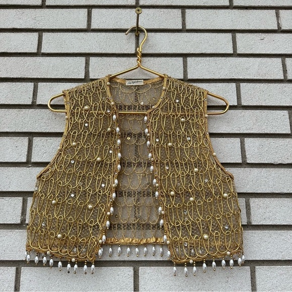 Vintage Saks Fifth Avenue Gold Mesh Pearl Rhinestone Beaded Sheer Vest Topper XS - Picture 3 of 12